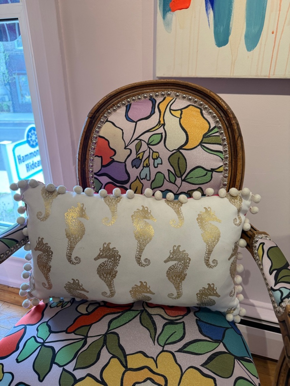 Lilly Pulitzer Pink Pillow with Blue Seahorse Motif and pompon fringe - Picture 4 of 7